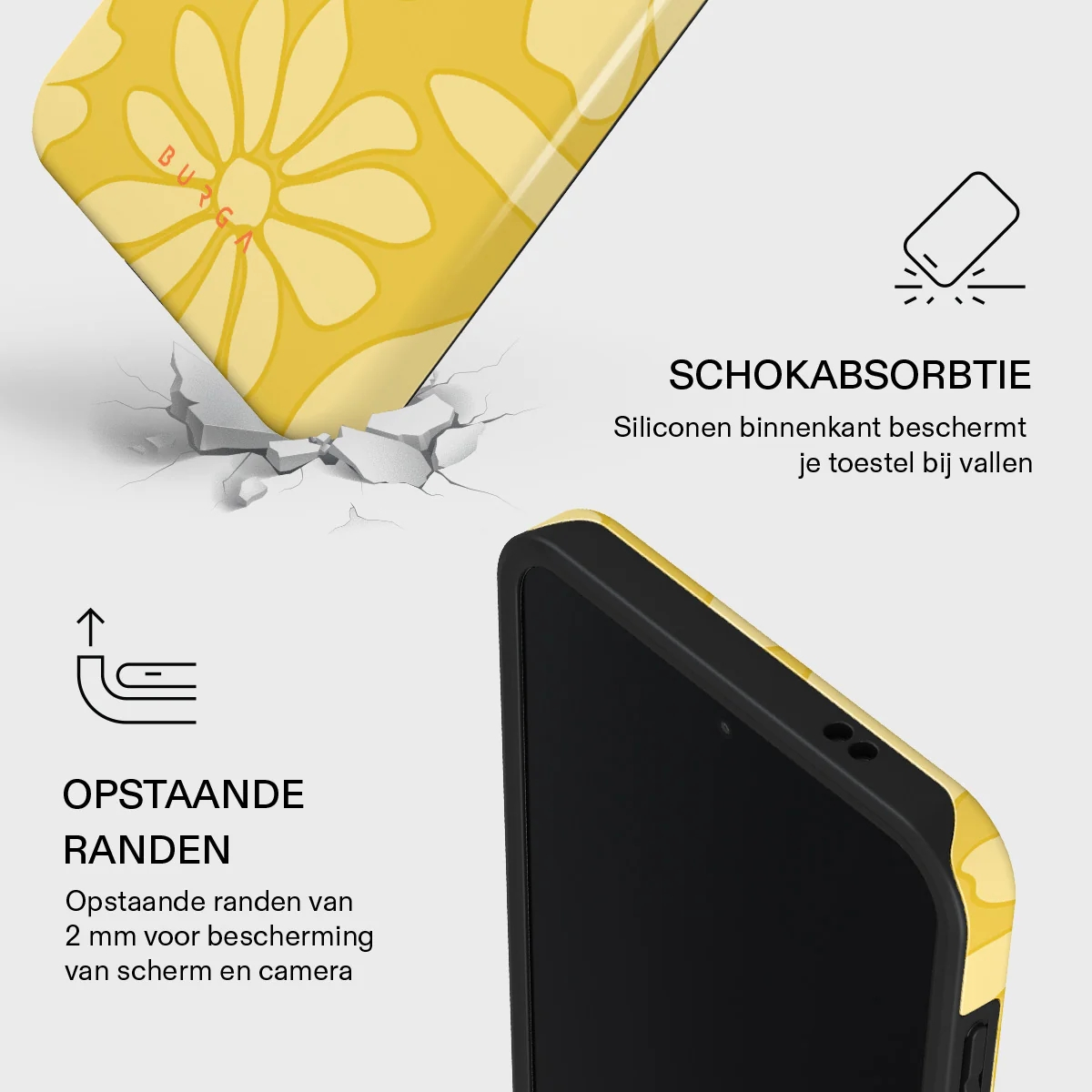 Yellow floral phone case shown with shock absorption and raised edges features.