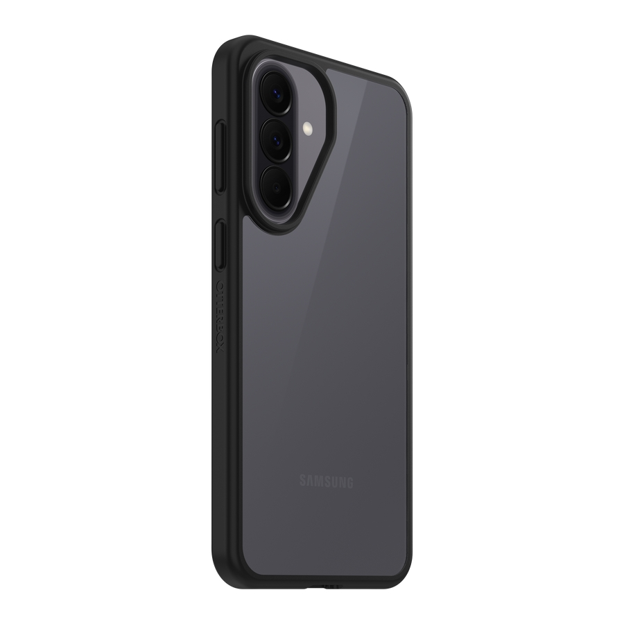 Black phone case with clear back, showing three camera lenses at the top.