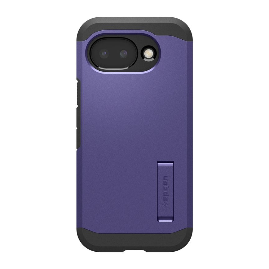 Purple phone case with black frame and built-in stand. Rear camera visible.