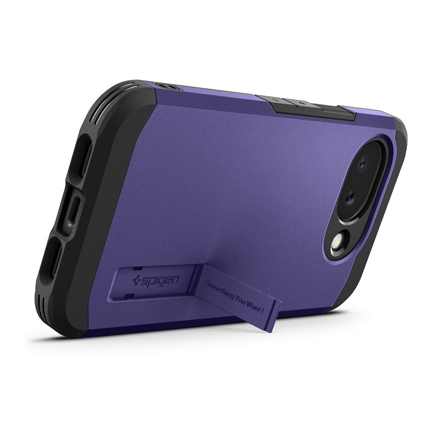 Purple phone case with a black frame and a kickstand.