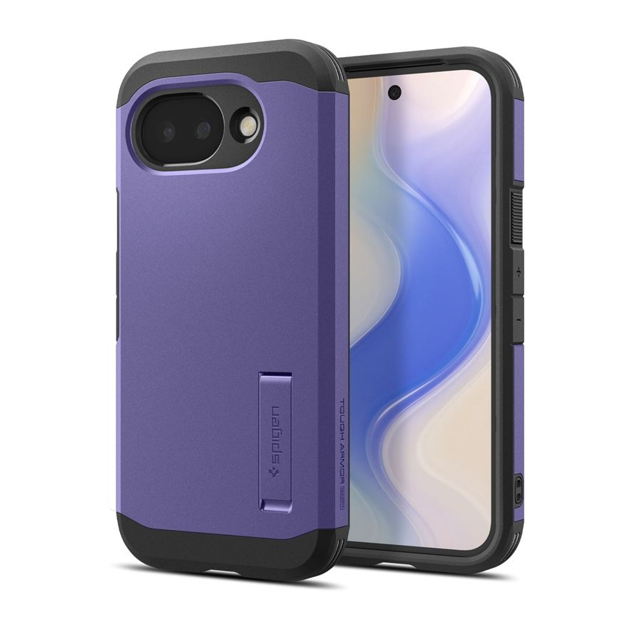 Purple phone case with stand and black trim on a white background.
