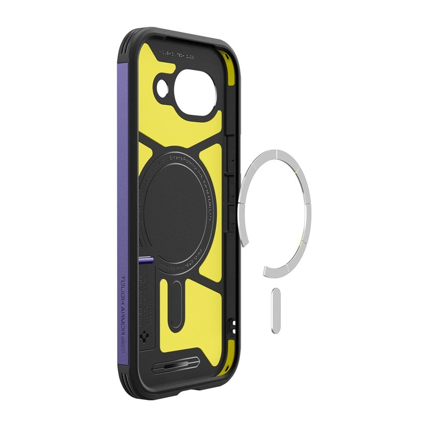 iPhone case with yellow interior, black frame, and purple accents.