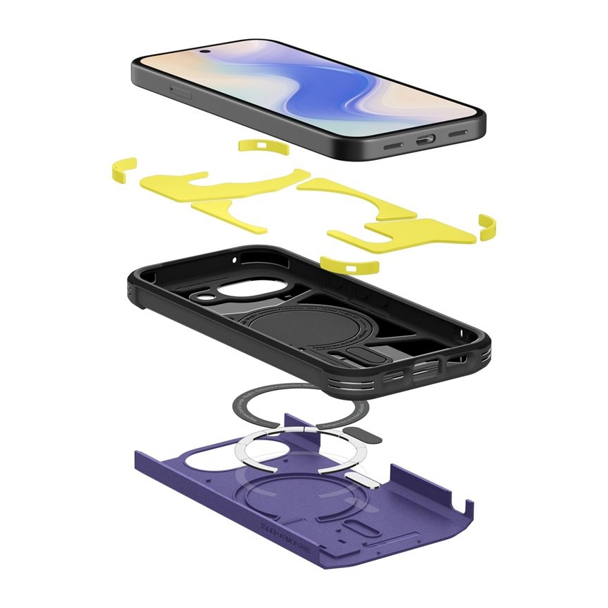 Exploded view of a smartphone protective case in purple and black parts.