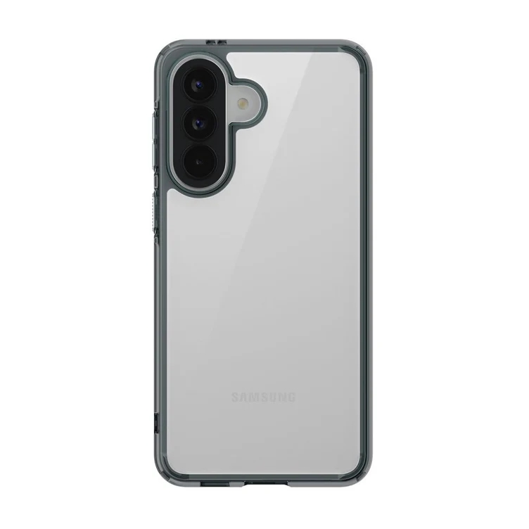 Una cover trasparente per telefono con tre fotocamere e bordo grigio scuro.