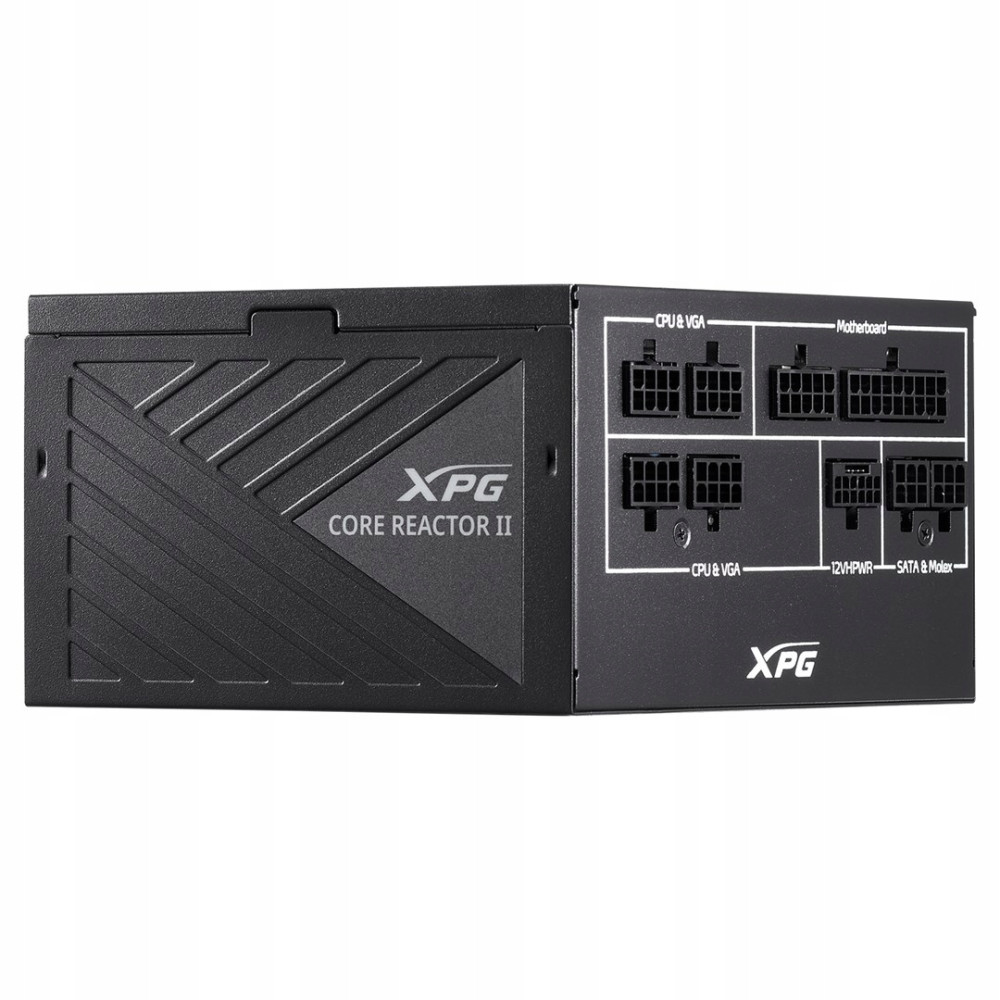 Alimentatore nero con etichetta "XPG CORE REACTOR II" e vari connettori.