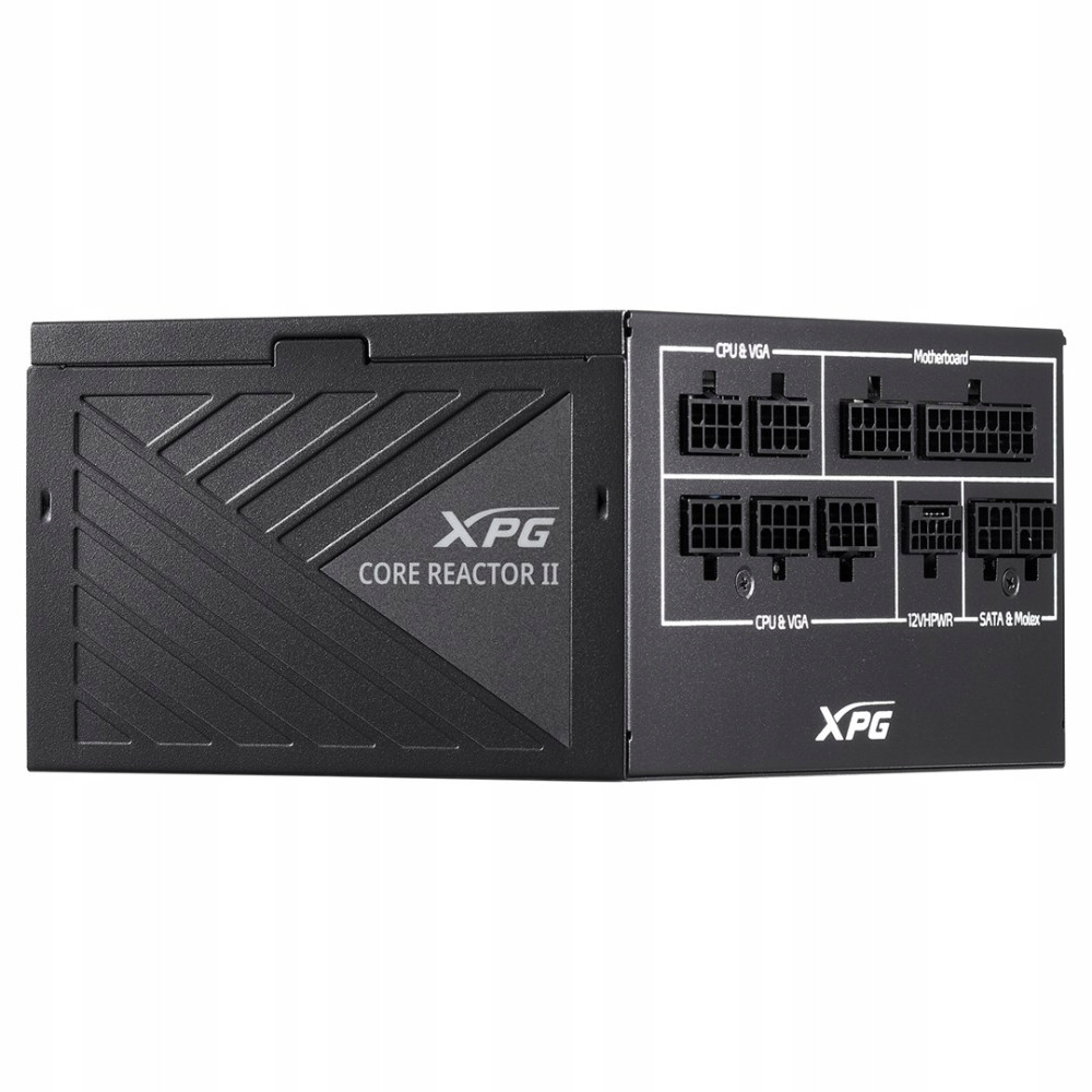 Alimentatore XPG CORE REACTOR II nero con più porte etichettate a destra.