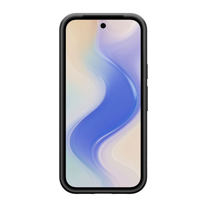 Uno smartphone nero con un motivo ondulato bianco e blu sullo schermo.