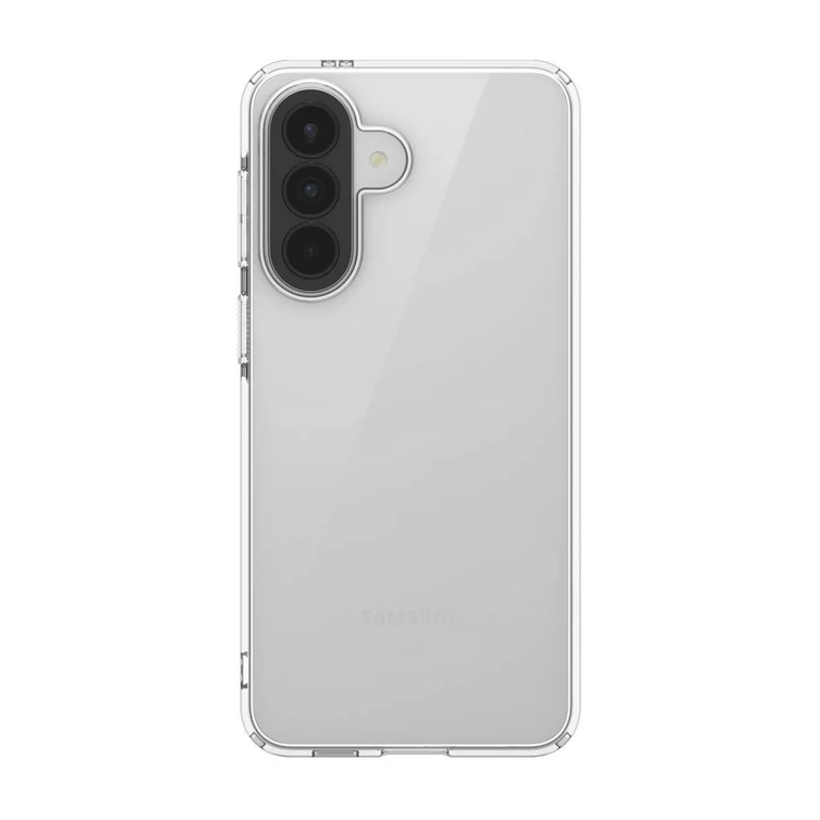 Custodia trasparente per telefono con tripla fotocamera e flash su sfondo bianco.