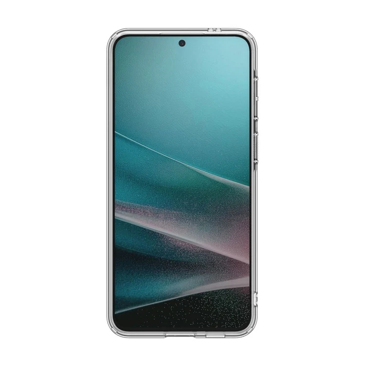 Una custodia trasparente per smartphone con uno sfondo astratto sullo schermo.