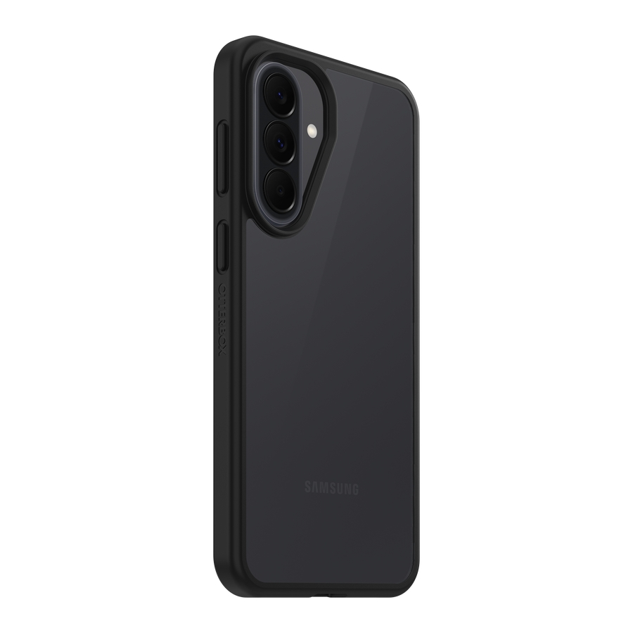 Telefono Samsung nero in custodia OtterBox, con tre fotocamere posteriori e logo.