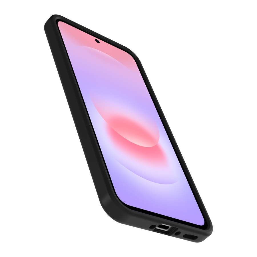 Uno smartphone nero visto da vicino, con uno sfondo sfumato sul suo schermo.