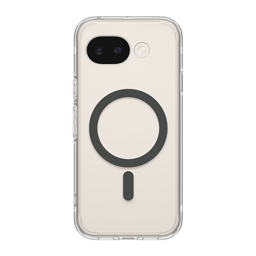 Doorzichtige telefoonhoes met zwarte magnetische ring en verticale streep.