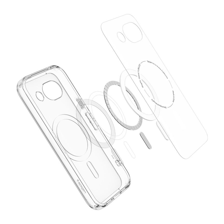 Doorzichtige telefoonhoes met MagSafe-ring en instructies.