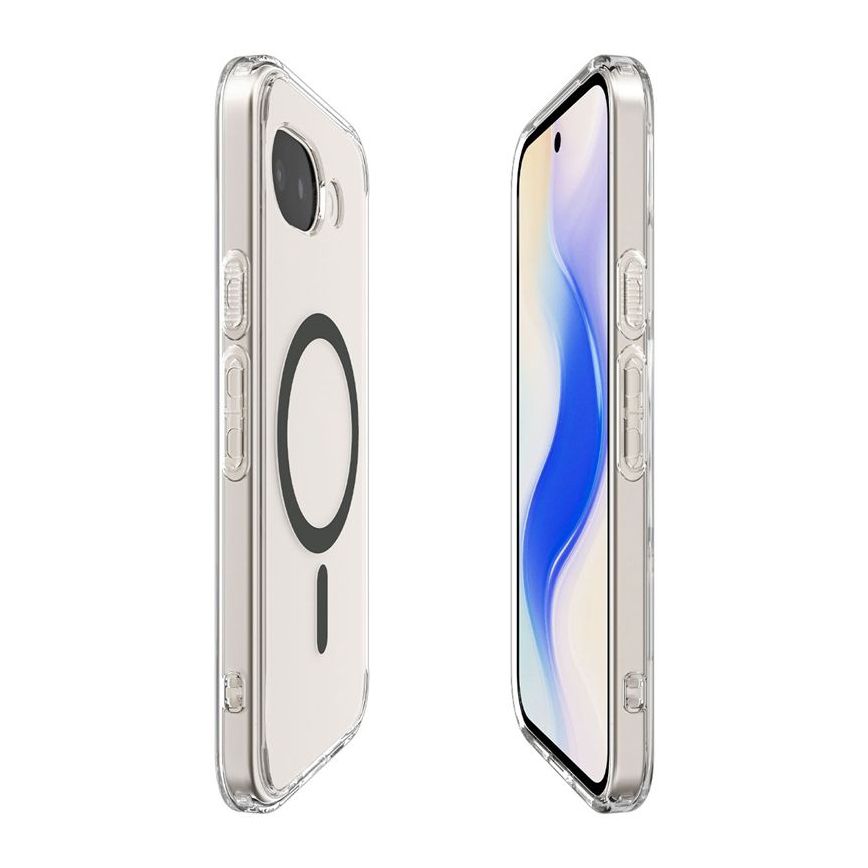 Twee doorzichtige telefoonhoesjes met MagSafe-ring naast elkaar op witte achtergrond.