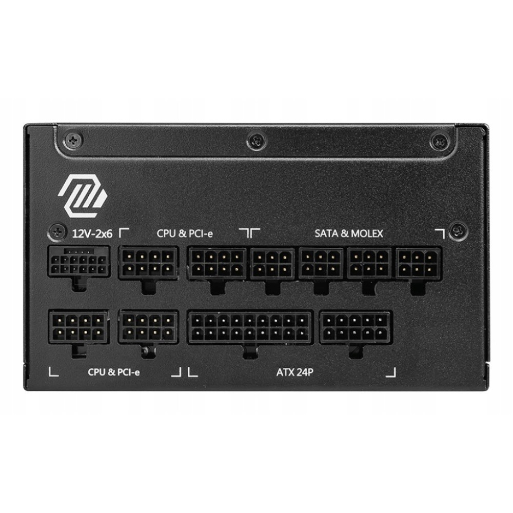 Alimentatore nero con connettori 12V, CPU, SATA, Molex e ATX.