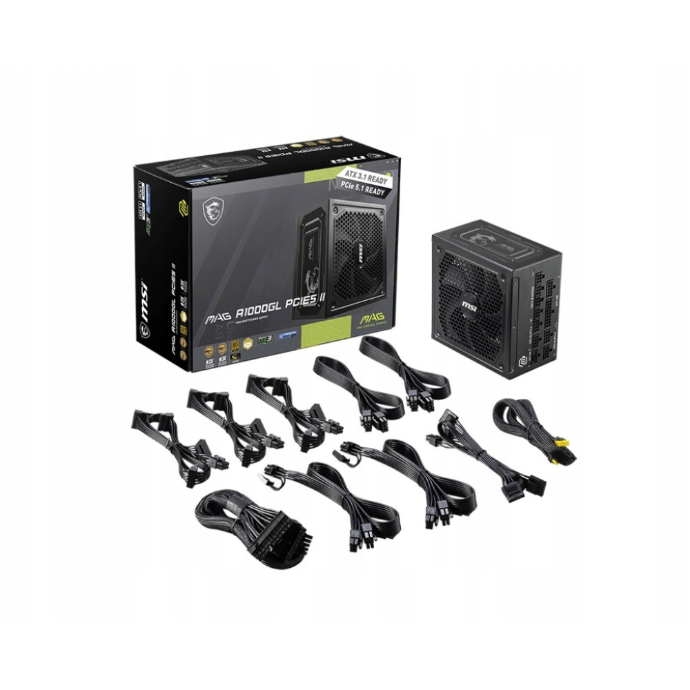 Alimentatore MSI MAG A1000GL PCIES II con cavi e scatola.
