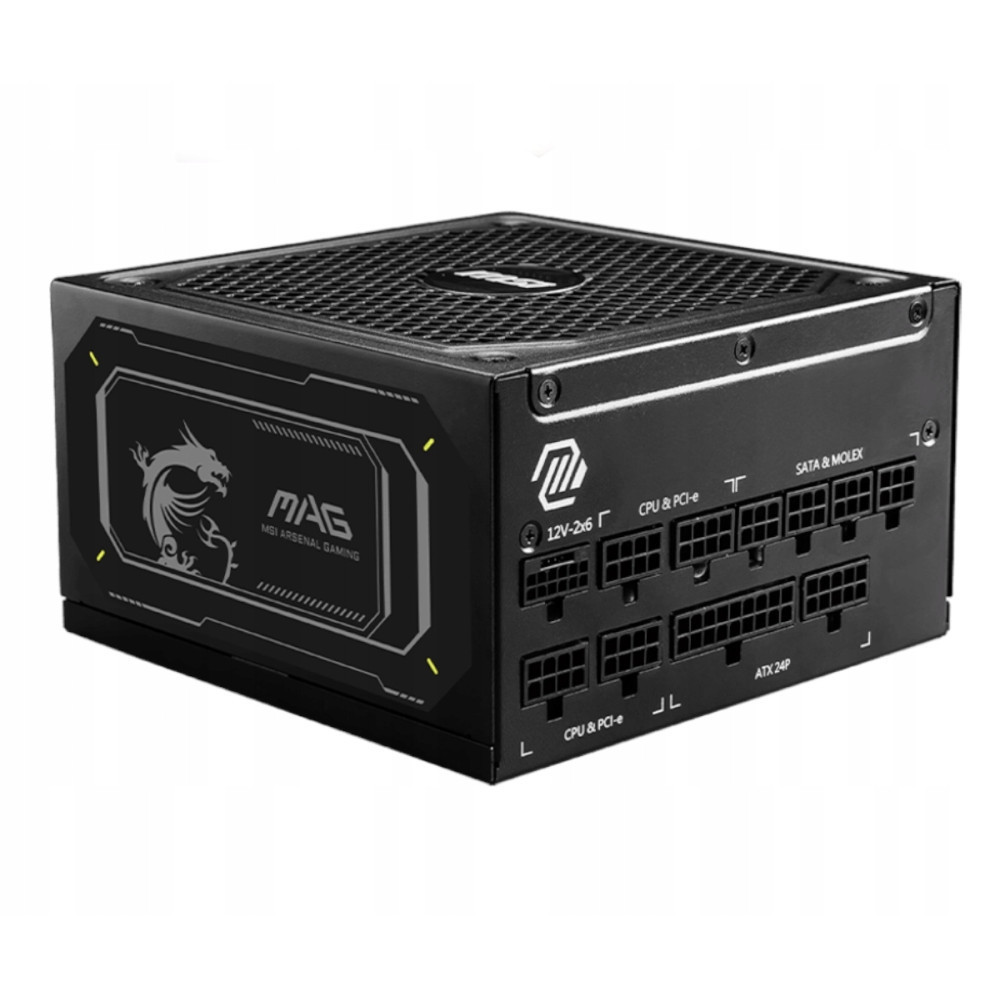 Alimentatore nero con logo "MAG MSI ARSENAL GAMING" e porte.