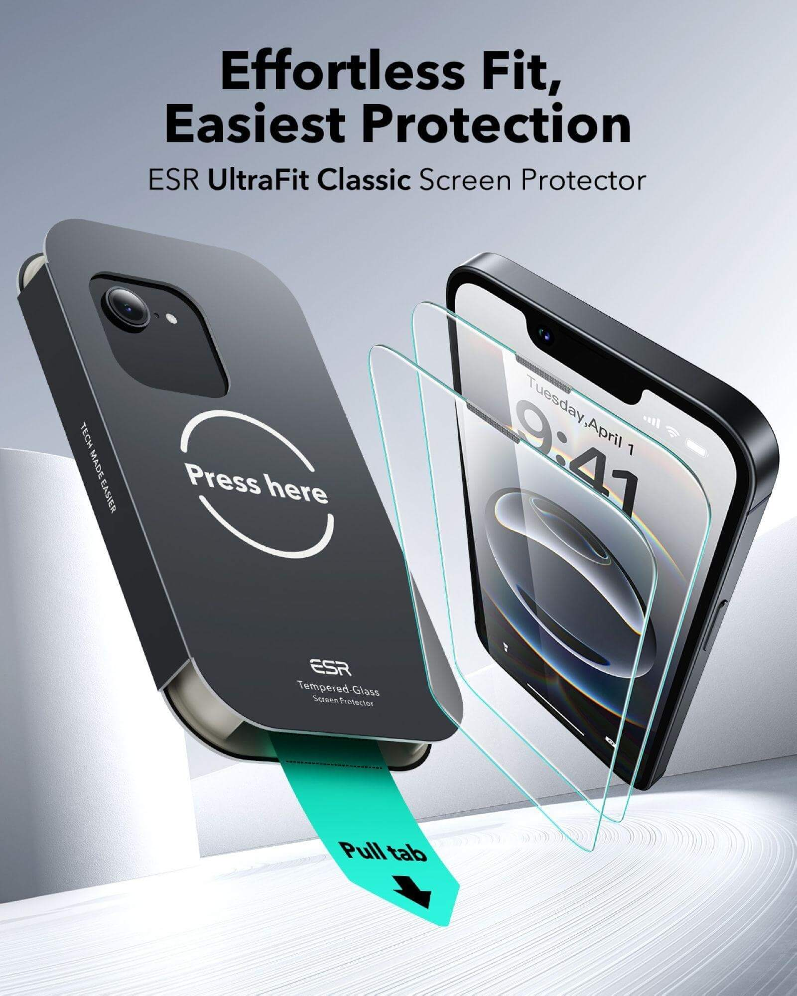 Ein iPhone mit einem Displayschutz, der mit einem grünen Tab zum Ziehen befestigt wird.