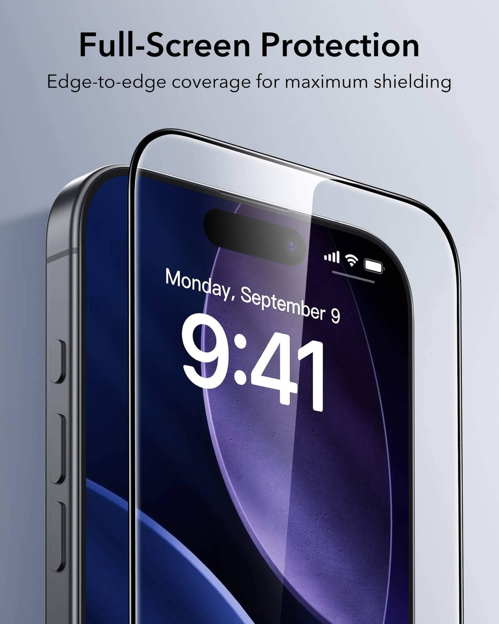 Uno smartphone mostra protezione a schermo intero e l'ora 9:41.