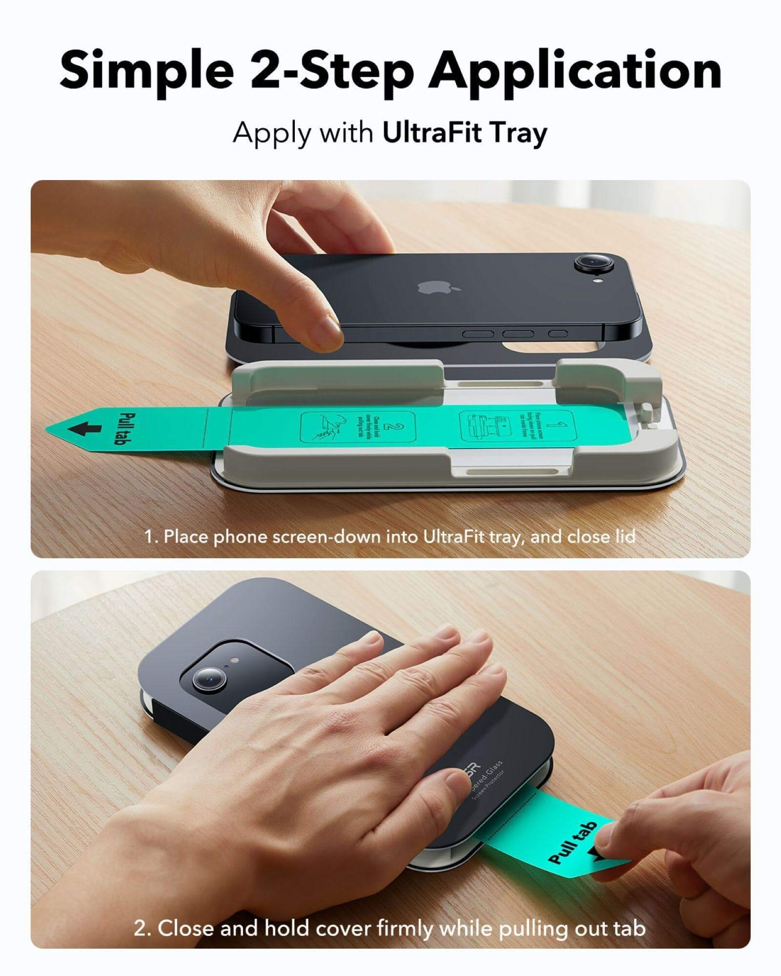 Hände legen Handy in Schale, dann Tab ziehen zum Anbringen des Displayschutzes.