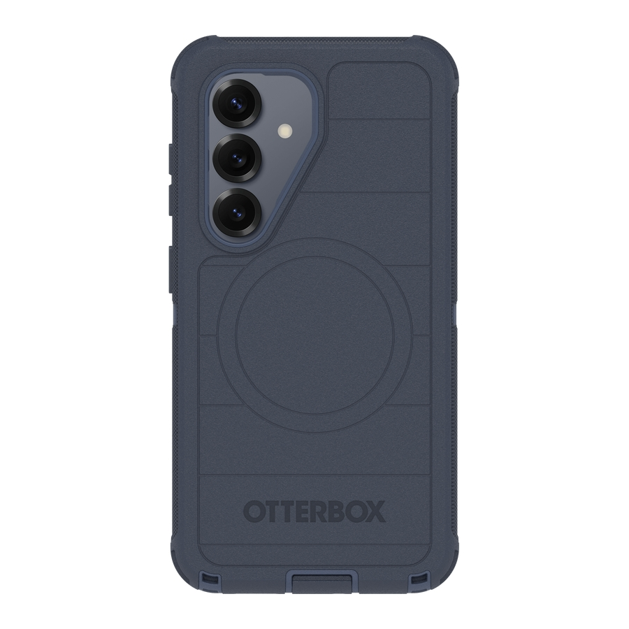 Custodia blu scuro per telefono con tre fotocamere e logo Otterbox.