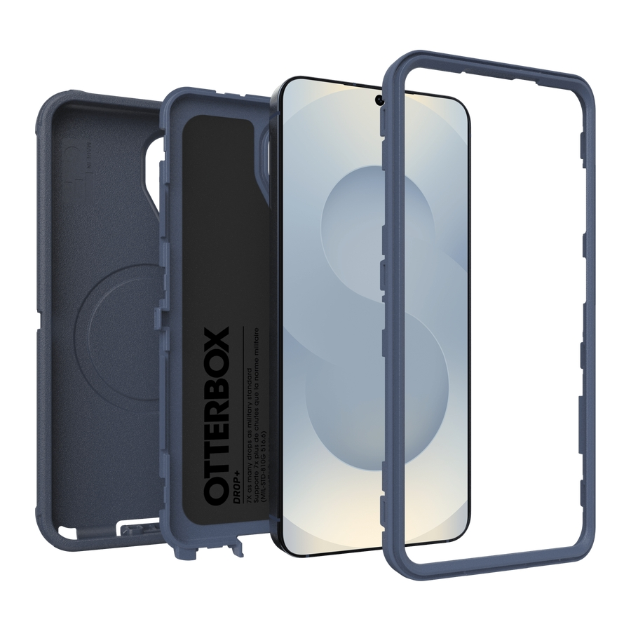 Uno smartphone con tre parti di custodia Otterbox blu.