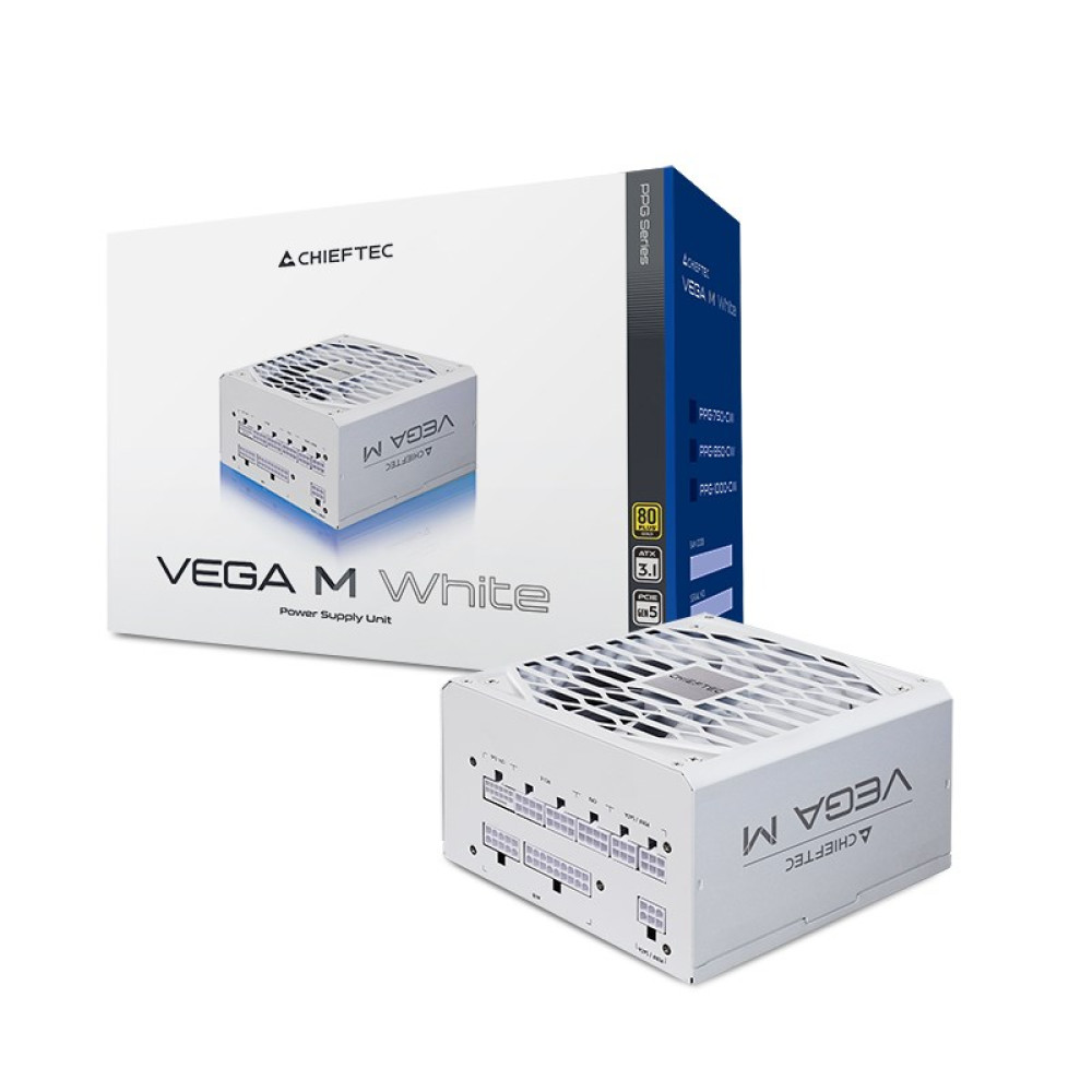 Biały zasilacz Chieftec z napisem "VEGA M White" i portami złączy.