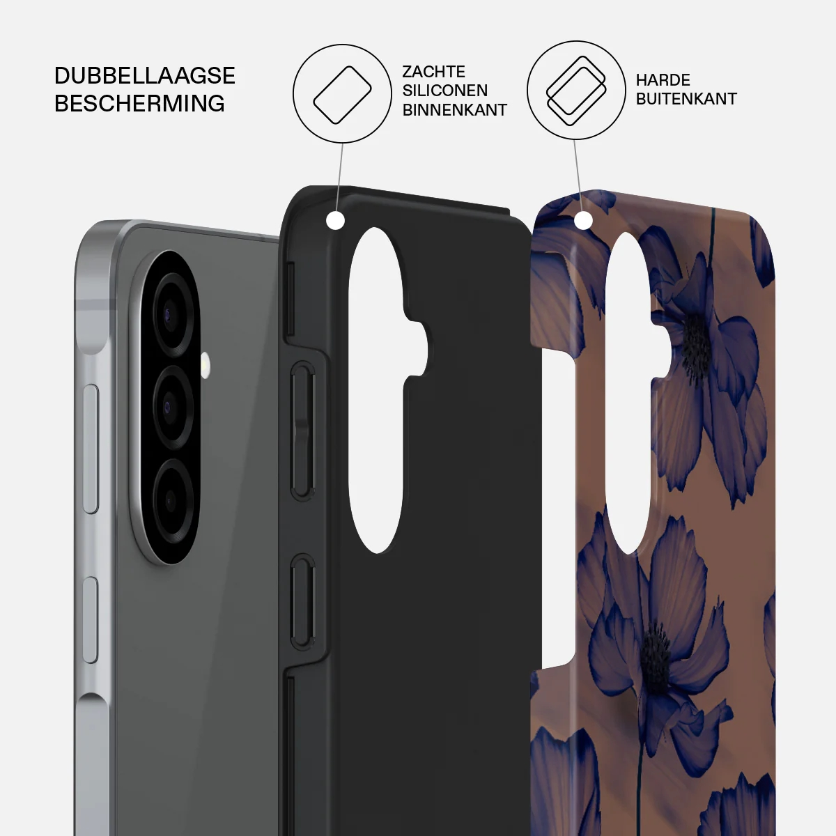 A smartphone with a black case featuring a blue floral pattern.