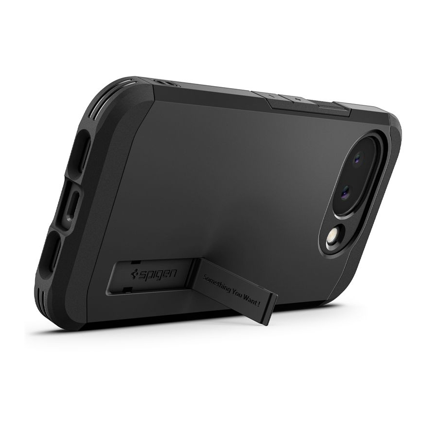 Black phone case with kickstand, camera cutout and Spigen logo.