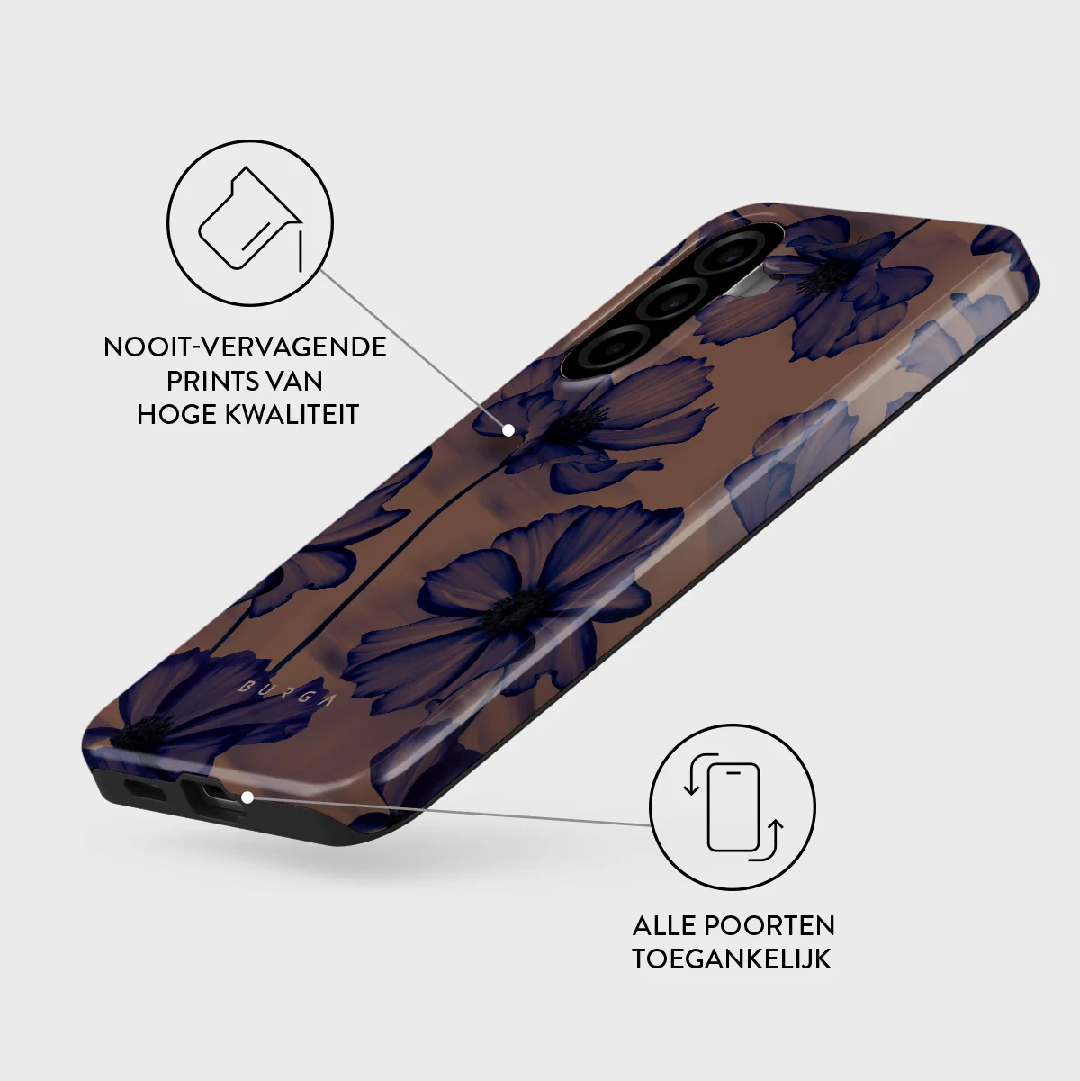A brown phone case with a dark blue floral pattern and text overlays.