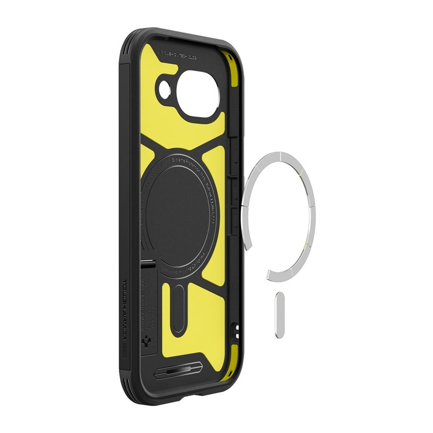 Black phone case with yellow interior and magnetic ring accessory.