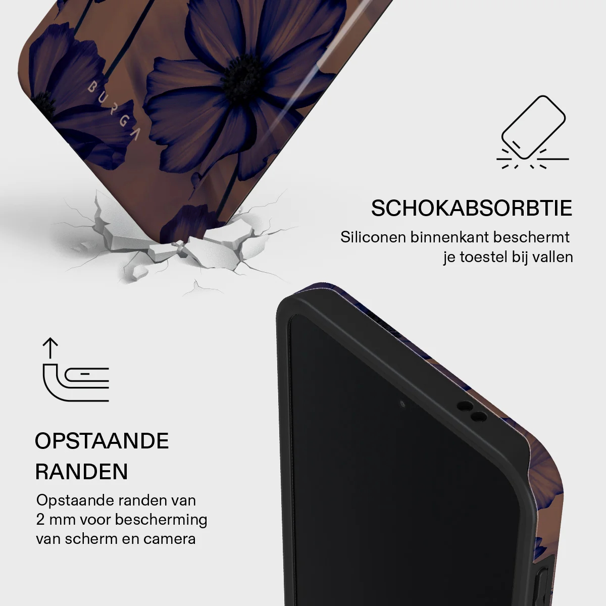 Phone case with floral design, showing drop protection and raised edges.
