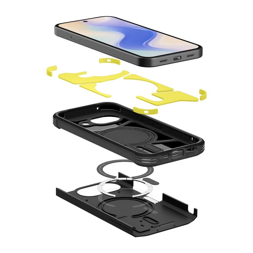 Exploded view of a phone case with magnetic ring and yellow protective parts.