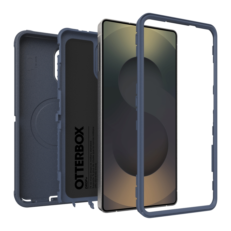 A dark blue phone case set with a smartphone.
