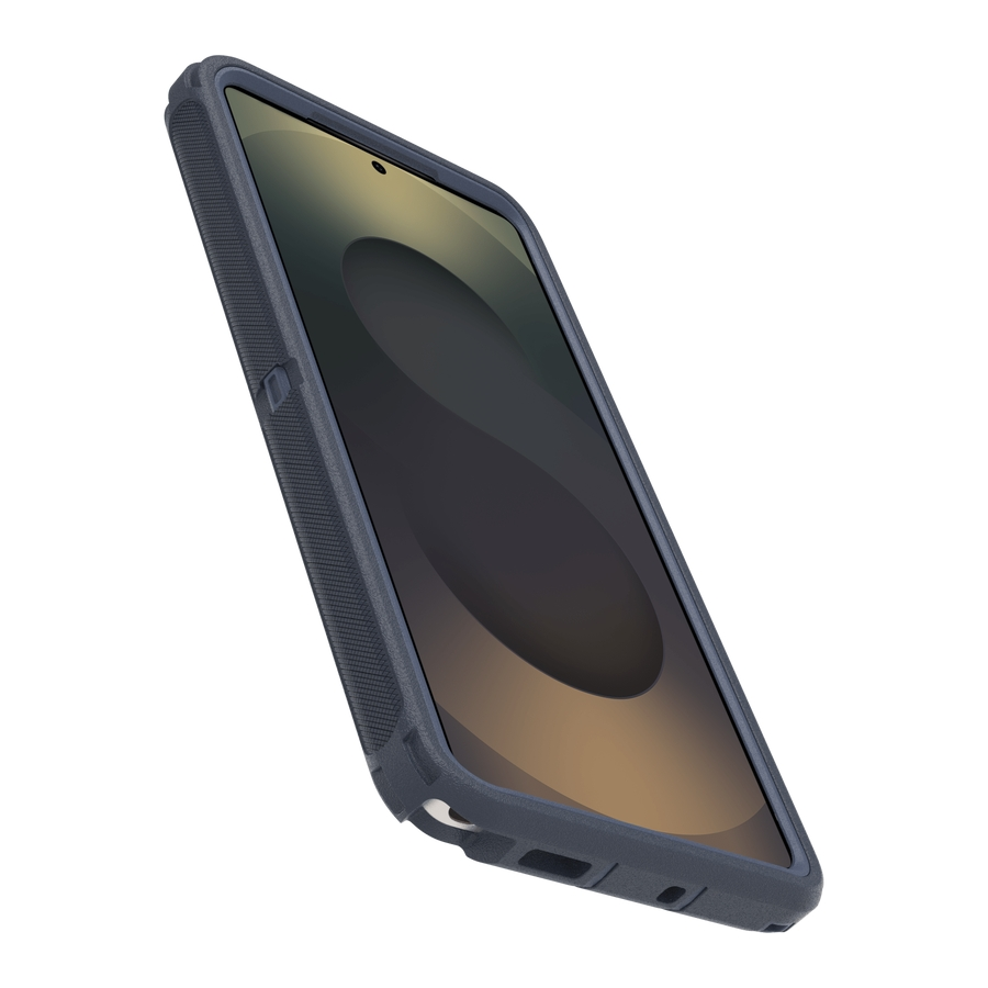 A dark smartphone with a rugged case, on a white background.