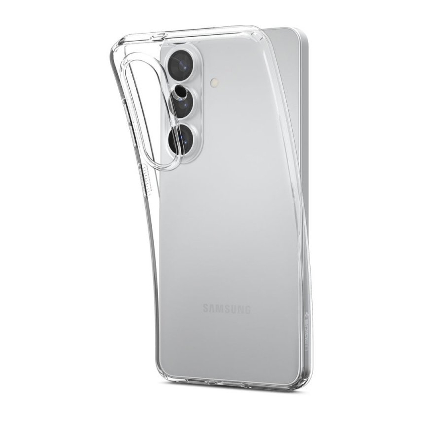 Una custodia trasparente protegge un telefono Samsung argentato con tre fotocamere.