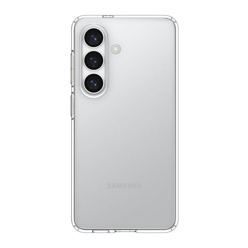Custodia trasparente su un Samsung argentato che mostra tripla fotocamera e logo.