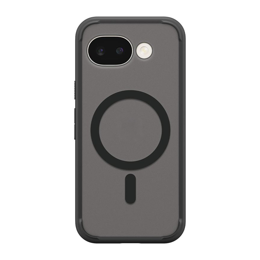 Custodia grigia per telefono con cerchio nero e motivo a tratteggio.
