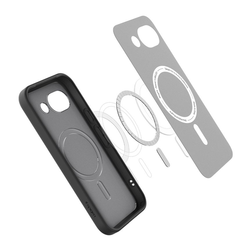 Custodia nera per telefono con anello MagSafe e istruzioni su sfondo bianco.
