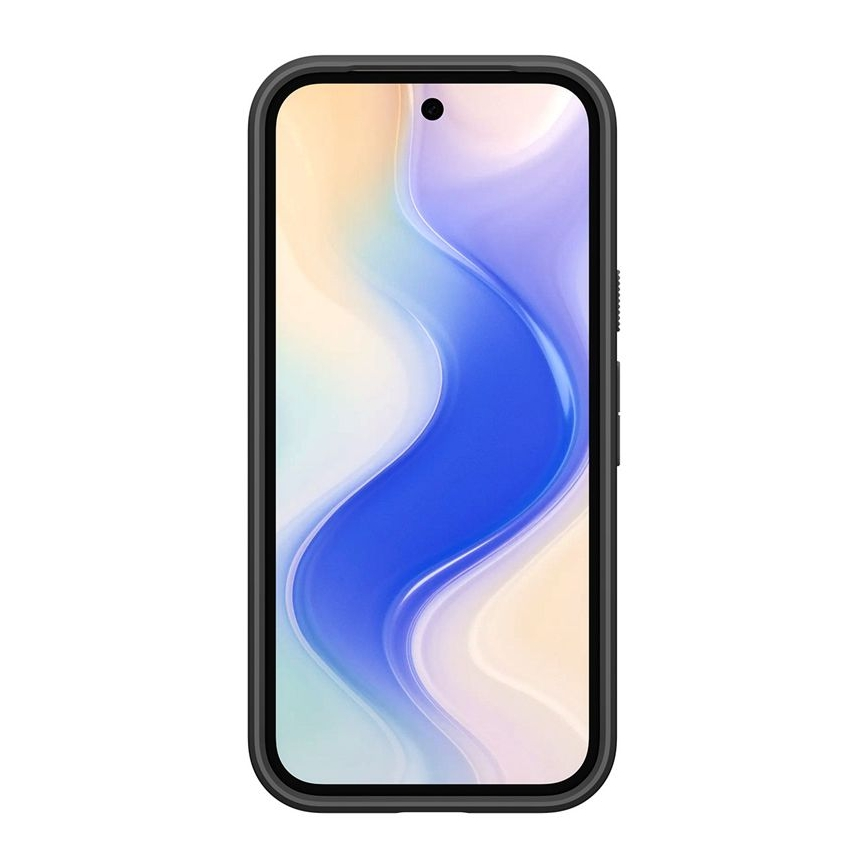 Uno smartphone nero con uno sfondo colorato e ondulato.