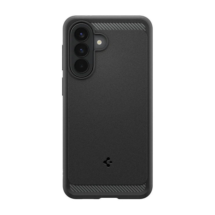 Custodia nera per telefono con tre fotocamere posteriori e un logo.