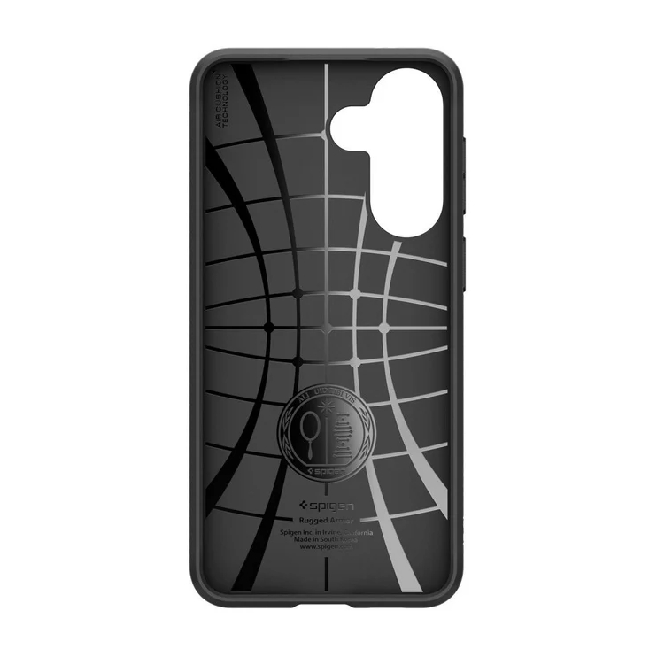 Custodia nera per telefono con logo Spigen e tecnologia Air Cushion.