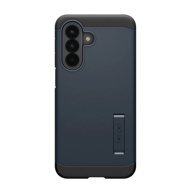 Custodia per telefono blu scuro con cavalletto, tripla fotocamera e logo Spigen.