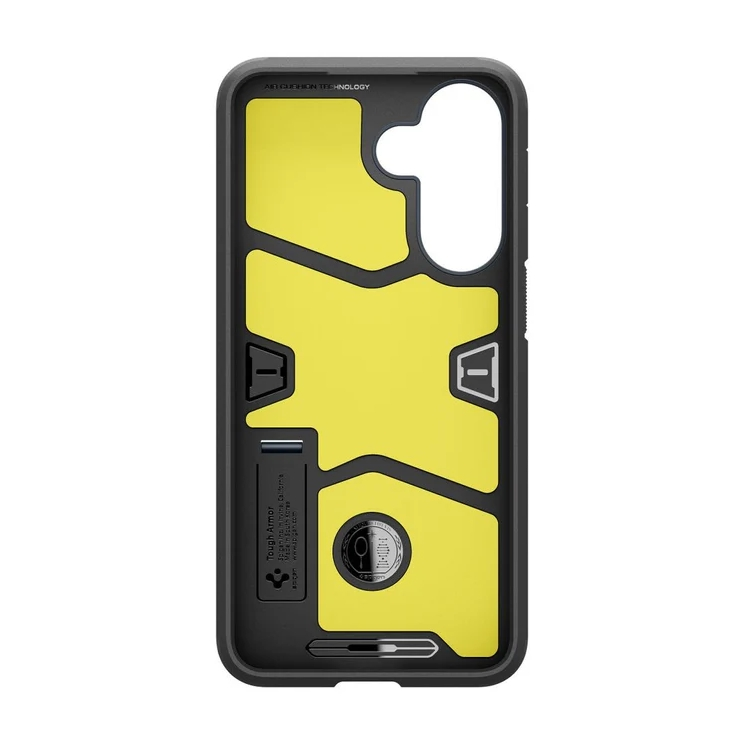 Custodia nera per telefono con interno giallo, protezione dagli urti e ritaglio.