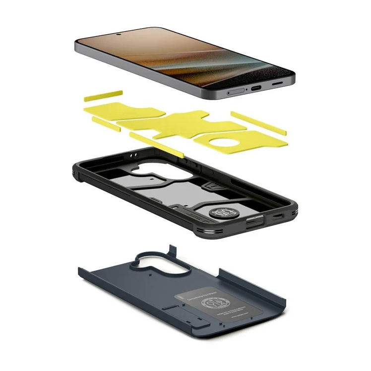 Vista esplosa di uno smartphone con parti della custodia: schermo, adesivo giallo, cornice nera e blu.