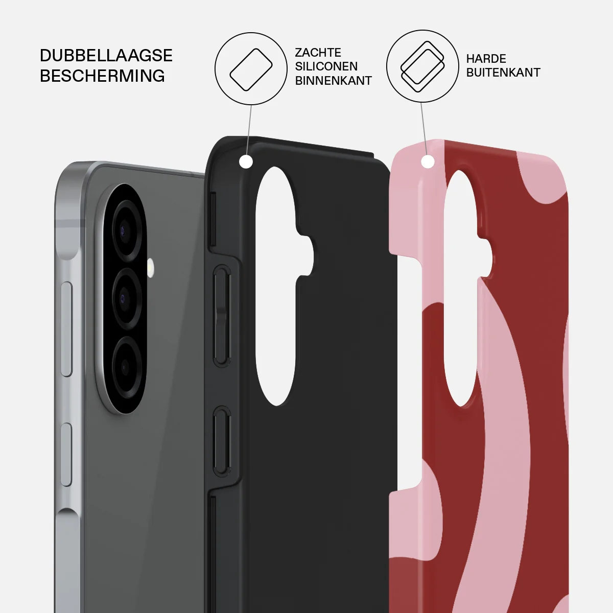 Exploded view of a phone case showing dual-layer protection.