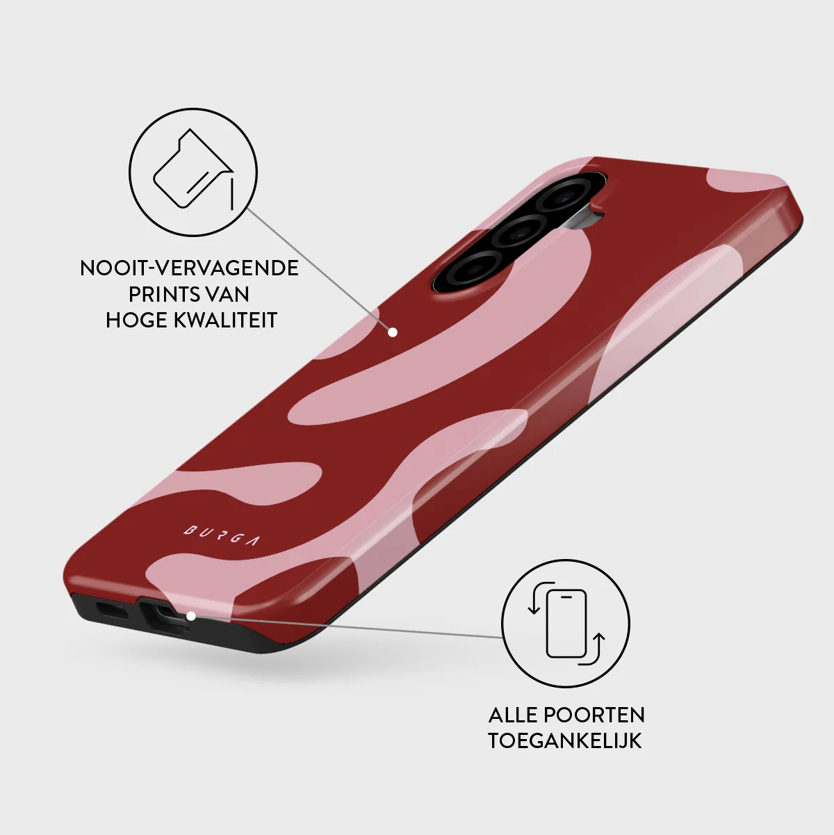 A red phone case with abstract pink shapes. Features text about high quality prints.