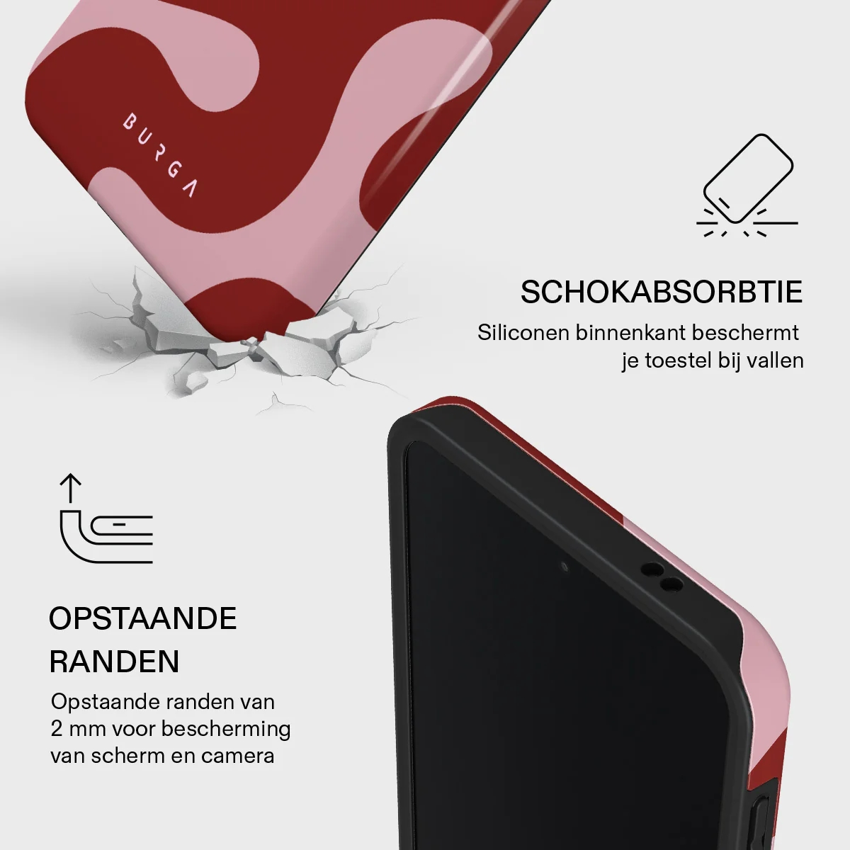 Phone case with shock absorption and raised edges for camera and screen.