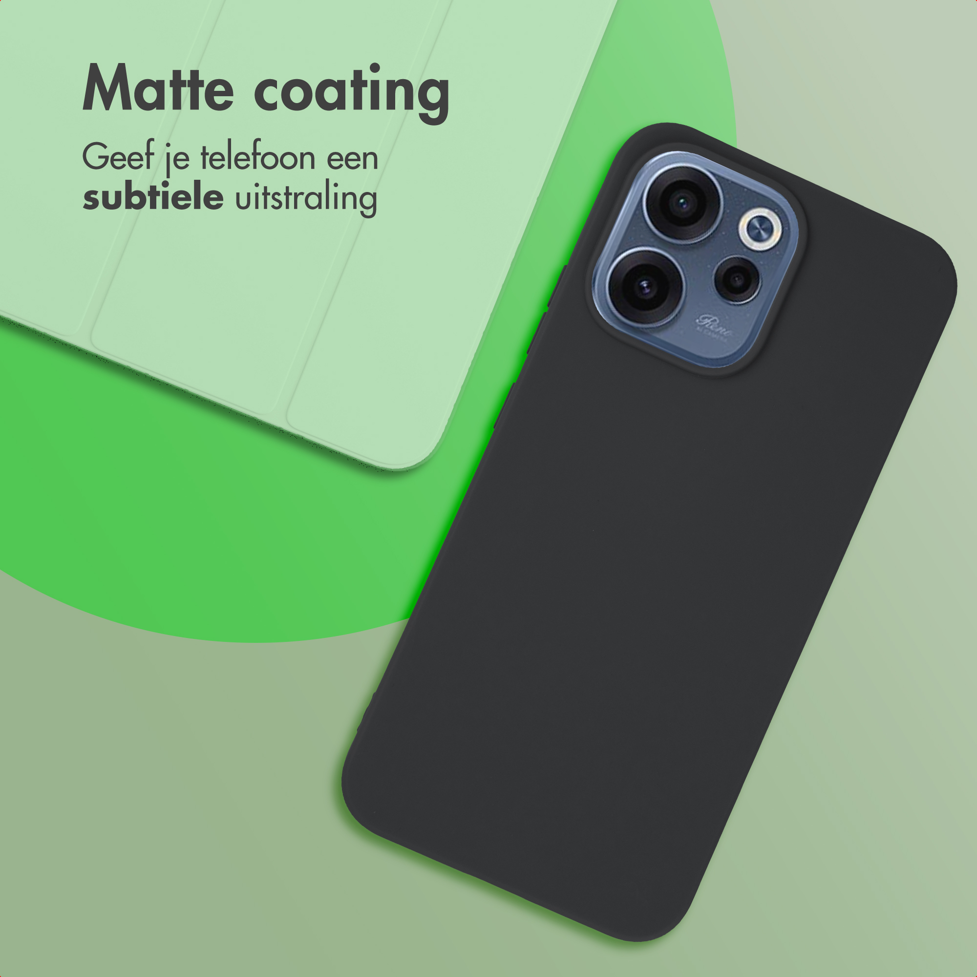 Zwarte telefoonhoes met camera op lichtgroene achtergrond.