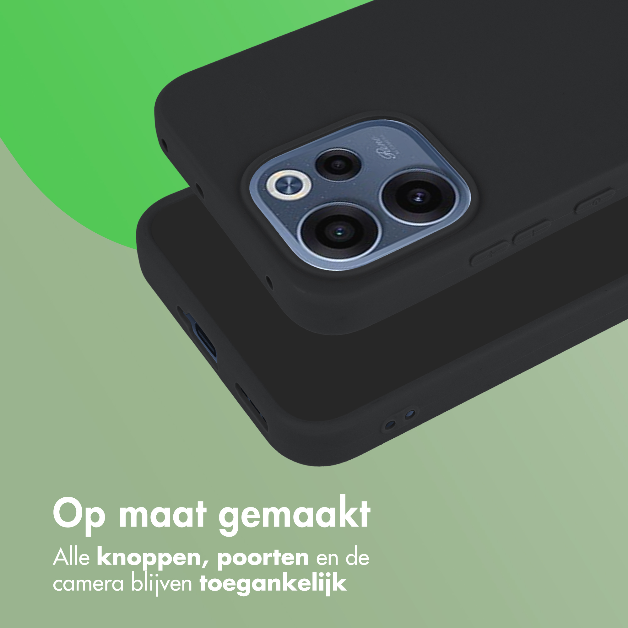 Zwarte telefoonhoes met camerarand op lichtgroene achtergrond.